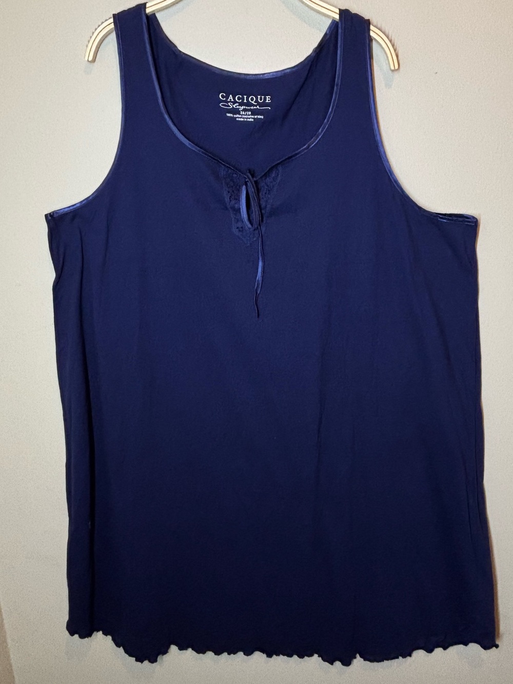 Cacique Plus Navy Sleeveless Tank Nightgown 100% cotton, ruffle hem, 26/28